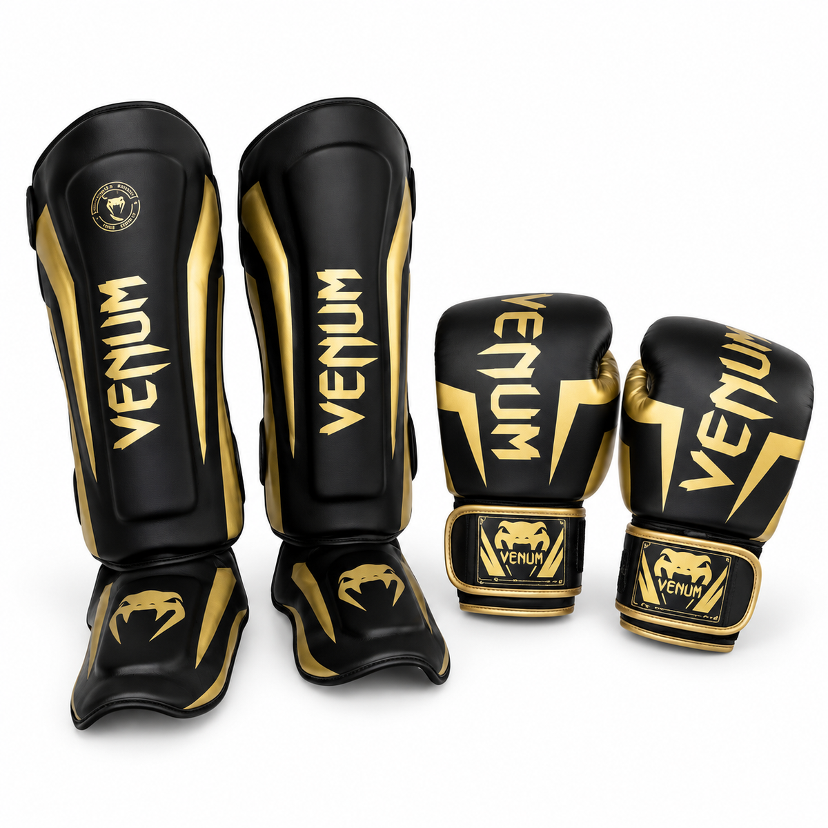Pack Boxe Venum Noir & Or – Gants + Protège-Tibias