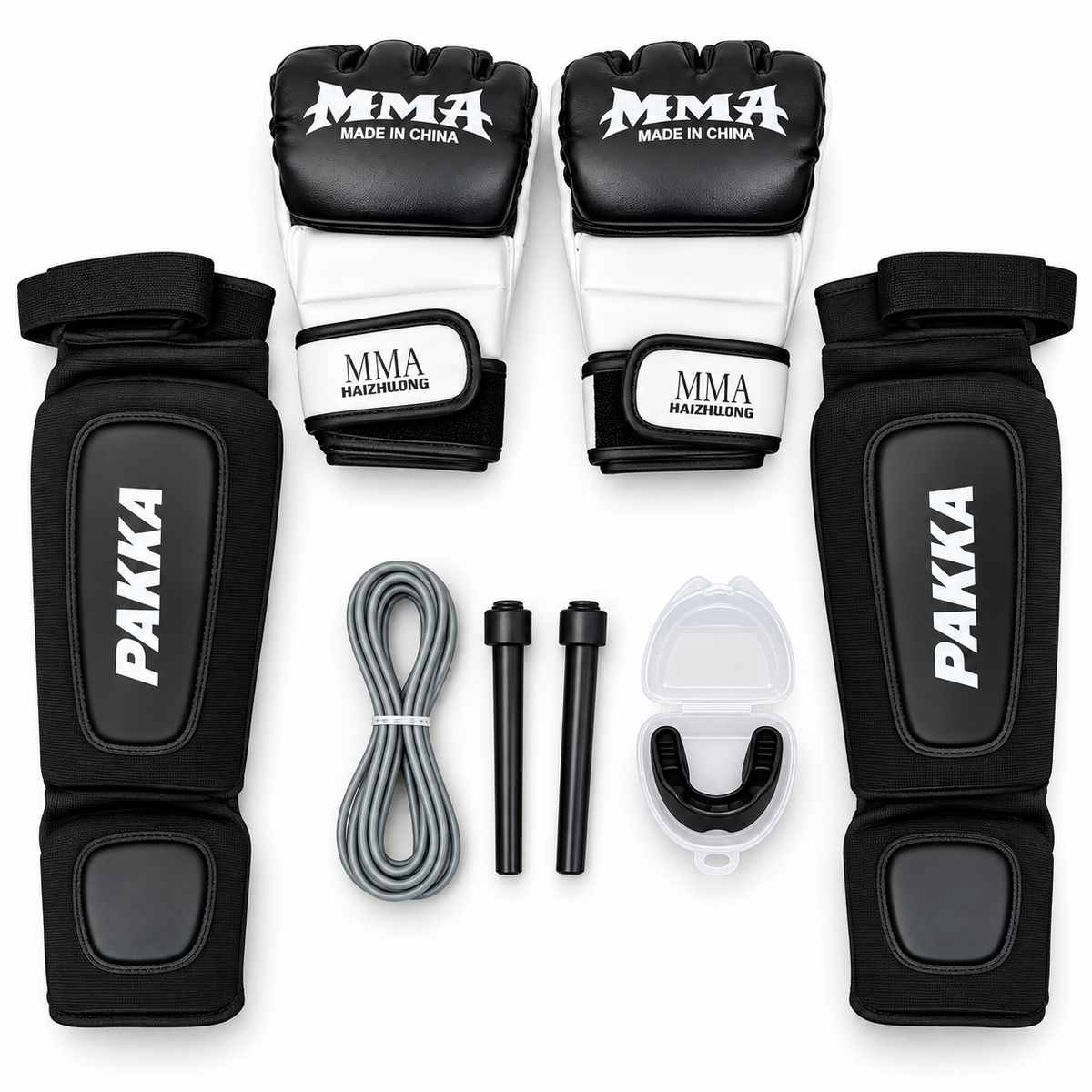Pack MMA Complet – Gants + Protège-Tibias + Corde + Protège-Dents