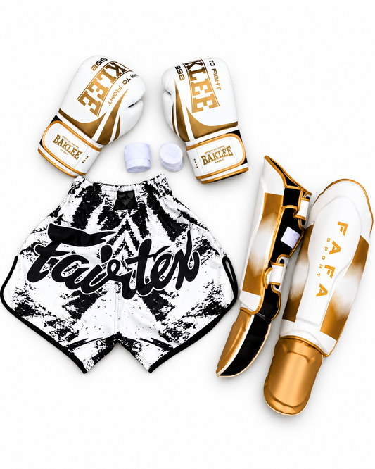 Pack Boxe Complet – Gants + Protège-Tibias + Short + Bandes