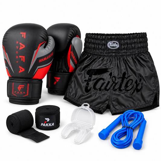 Pack Boxe Complet – Gants + Short + Bandages + Protège-dents + Corde à Sauter
